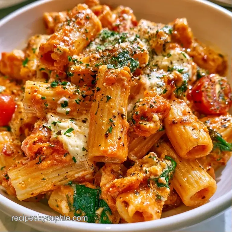 Elegant plate of creamy white pasta topped with burst red cherry tomatoes and a dusting of fresh green herbs.