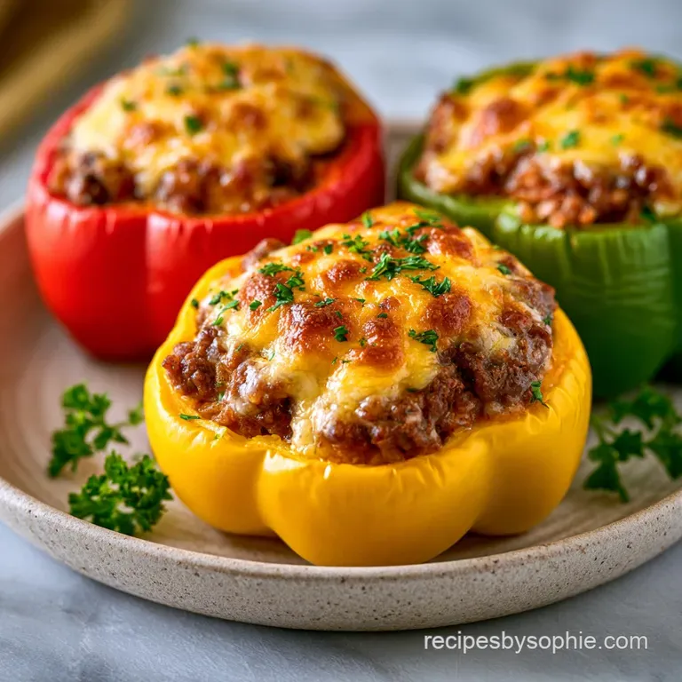Three roasted, colorful peppers arranged on a white ceramic plate with a side of bright greens and a light cream sauce.