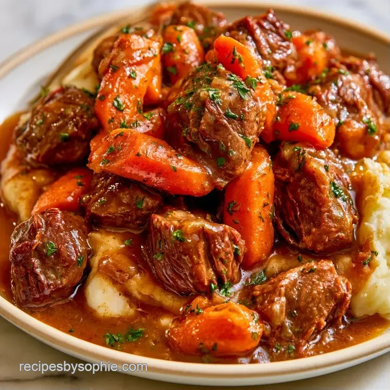 A white porcelain bowl with a swirl of creamy potatoes and rich brown gravy topped with fresh chopped parsley.