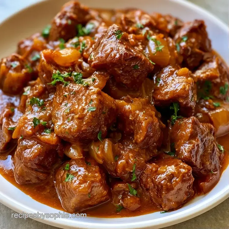 Hearty chunks of tender beef smothered in glossy brown gravy atop a swirl of creamy, white mashed potatoes.