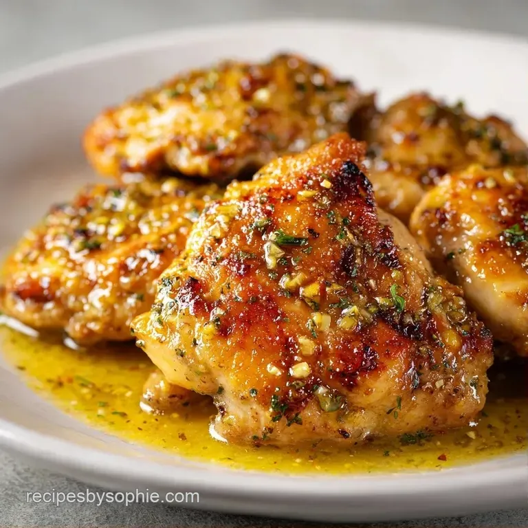 Searing hot pan-seared chicken pieces with toasted garlic cloves and lemon slices on a modern ceramic plate.