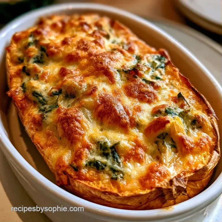 A roasted squash boat overflowing with bubbly cheese and savory fillings on a rustic wooden serving platter.
