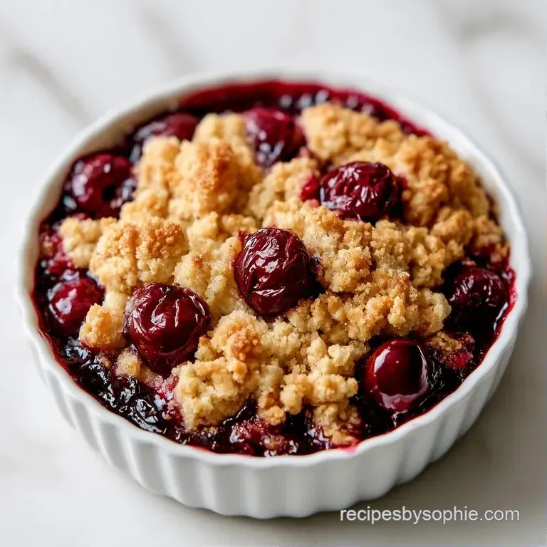 A scoop of melting vanilla ice cream atop warm red cherries and a golden, crunchy oat crumble on a white plate.