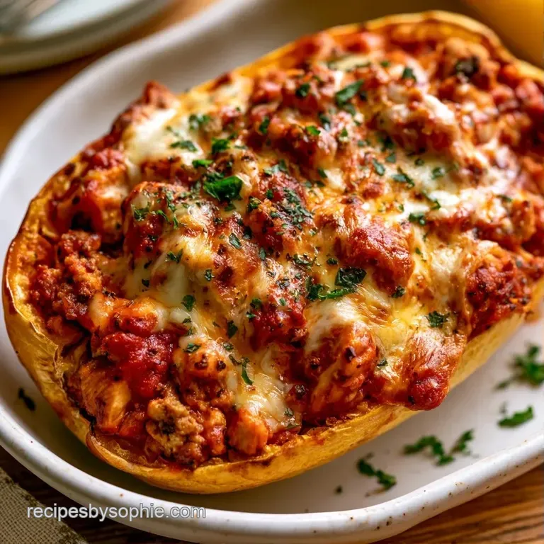 Roasted squash bowls with melted white cheese and red sauce, artfully plated with a sprig of fresh green basil.