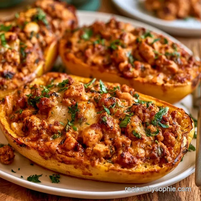 A roasted orange squash bowl brimming with savory fillings and bubbly cheese, garnished with sprigs of fresh parsley.