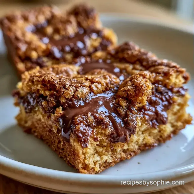 A stack of warm squares on a ceramic plate, drizzled with melted chocolate and topped with a pinch of sea salt.