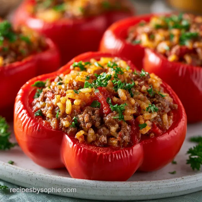 Three charred bell peppers filled with hearty grains, drizzled with creamy sauce and a sprinkle of chopped herbs.