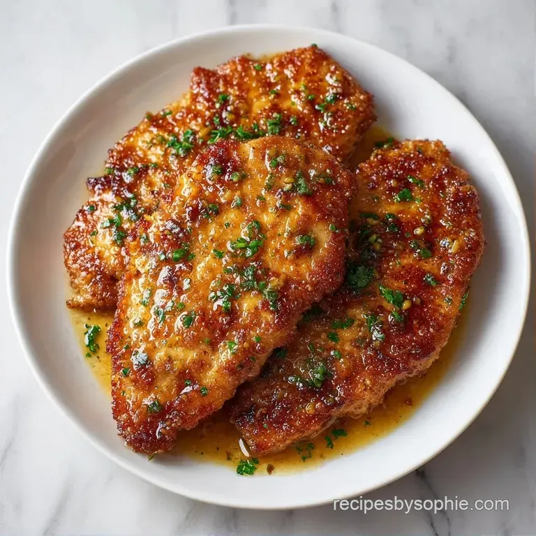 Tender golden chicken breasts on a white plate, drizzled with lemon-garlic sauce and garnished with fresh herbs.