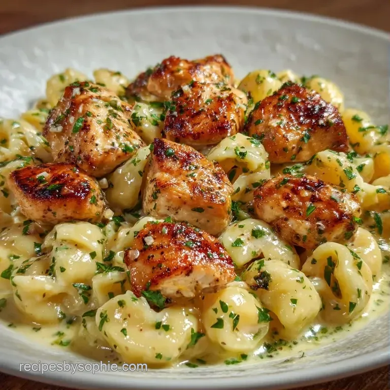 A white ceramic plate holding swirls of pasta topped with golden chicken and a sprinkle of bright green parsley.