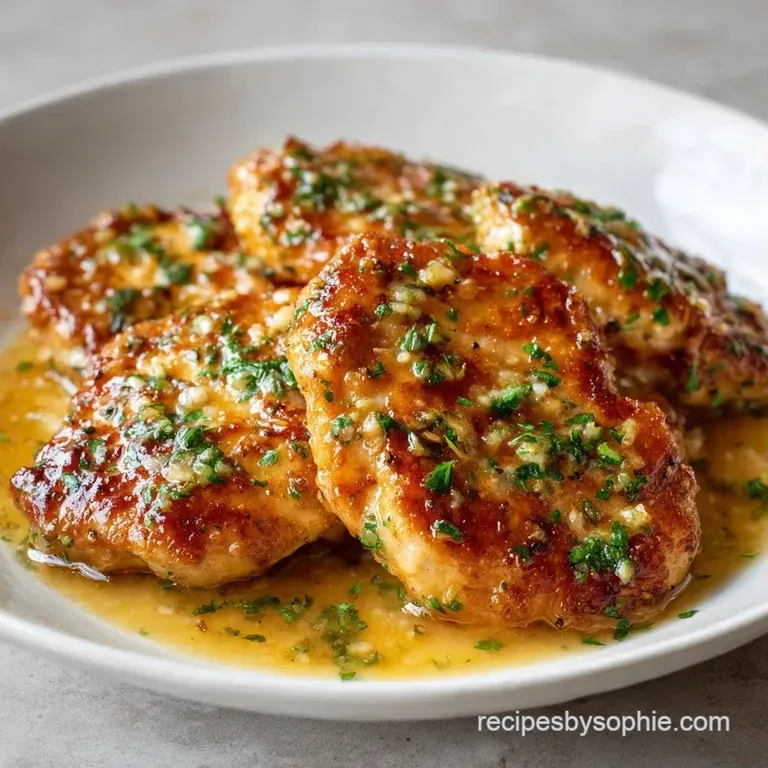 Sliced golden chicken breast resting in a pool of silky ivory sauce on a minimalist white plate with herb sprigs.