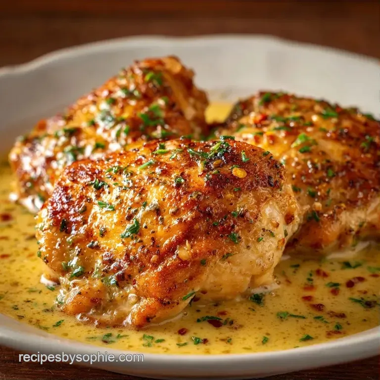 Golden chicken thighs nestled in a creamy garlic sauce on a white plate, garnished with a sprig of fresh greenery