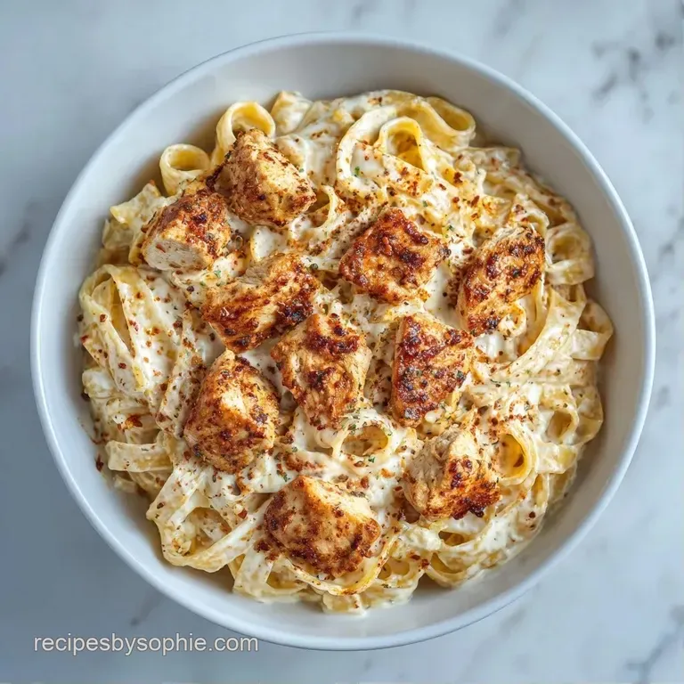 Elegant white bowl of pasta and chicken, garnished with cracked black pepper and a bright sprig of fresh basil.