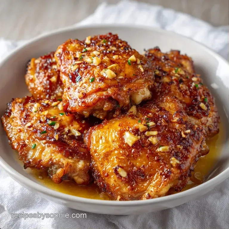 Golden seared chicken pieces on a ceramic plate, garnished with fresh parsley and a drizzle of glossy garlic butter.