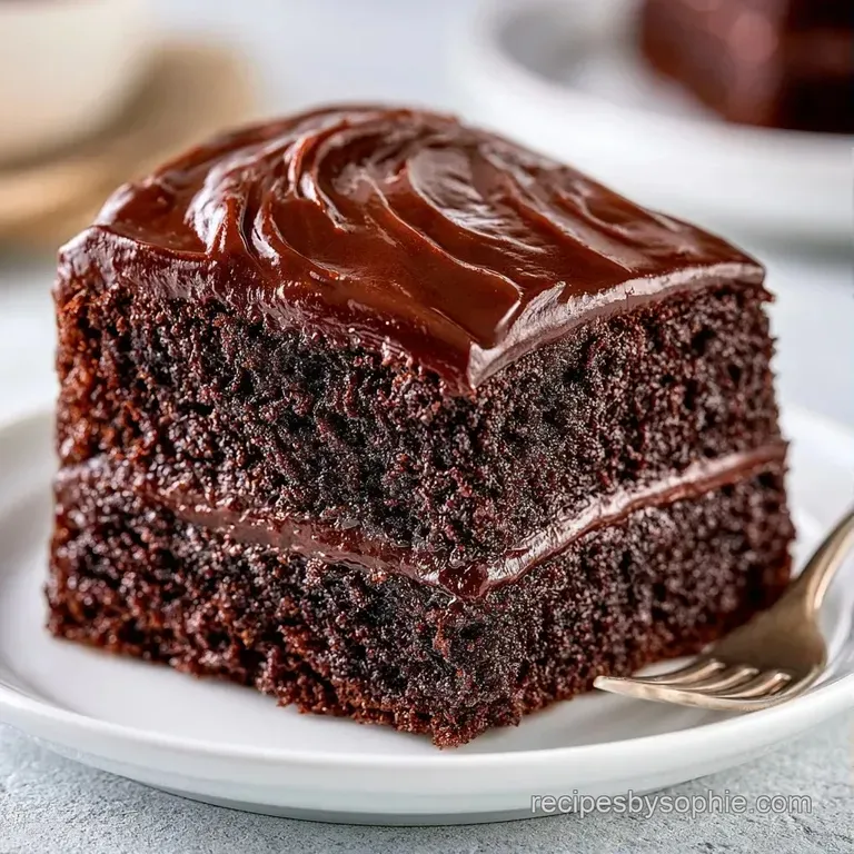 A moist slice of dark cocoa cake on a matte plate with a swirl of raspberry coulis and a fresh mint leaf.