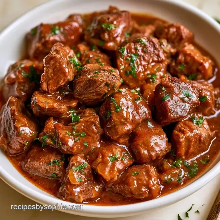 Steaming bowl of thick meat and root vegetables topped with fresh parsley, served with crusty sourdough bread.