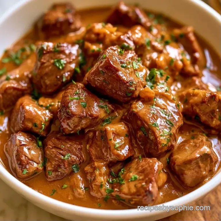 Elegant plate of succulent seared beef chunks draped in velvet brown sauce, garnished with a sprig of fresh parsley.