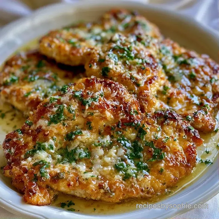 Tender chicken breasts in a creamy white sauce on a white plate, garnished with chopped parsley and cracked pepper.