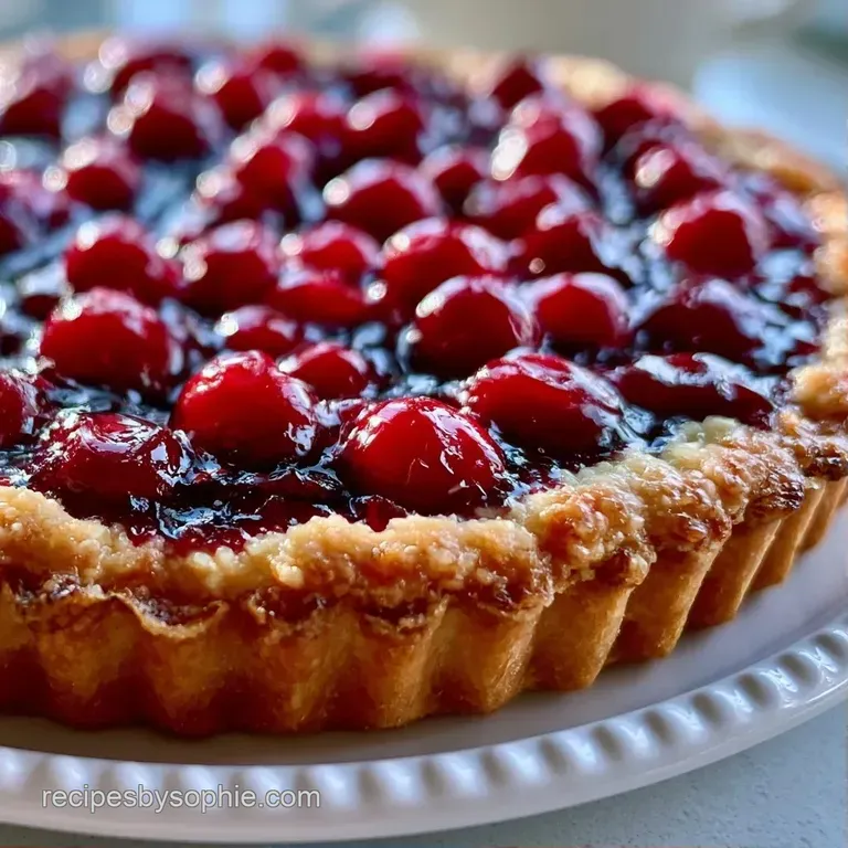 A slice of warm, red-filled pastry on a white porcelain plate, topped with a melting scoop of vanilla bean ice cream.