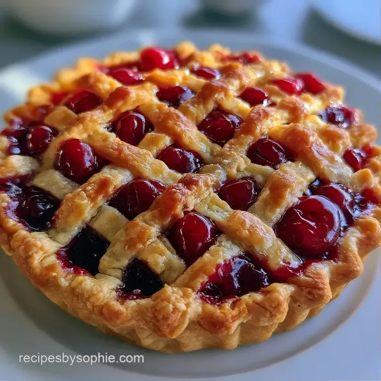 A slice of warm fruit pie on a white porcelain plate with a scoop of melting vanilla ice cream and a mint leaf.