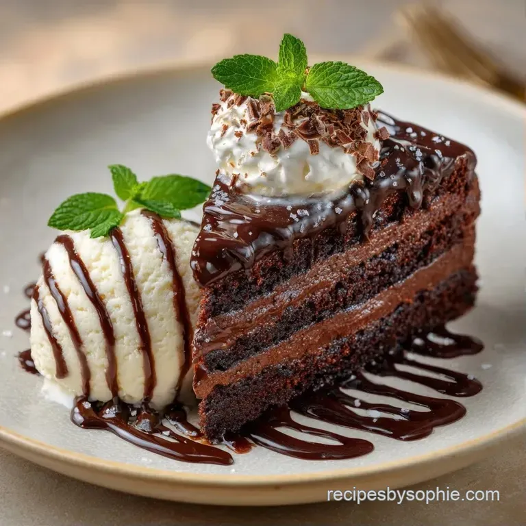 A neat slice of frozen cake with visible cream layers, drizzled with chocolate syrup and a fresh mint garnish