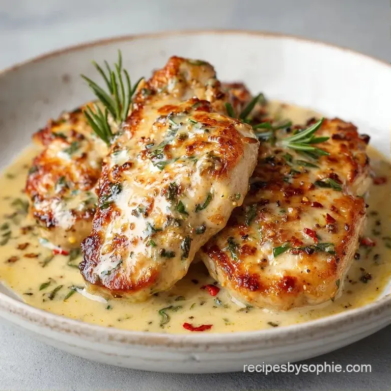 Sliced golden poultry breast atop a creamy mash, drizzled with garlic sauce and topped with fresh parsley.