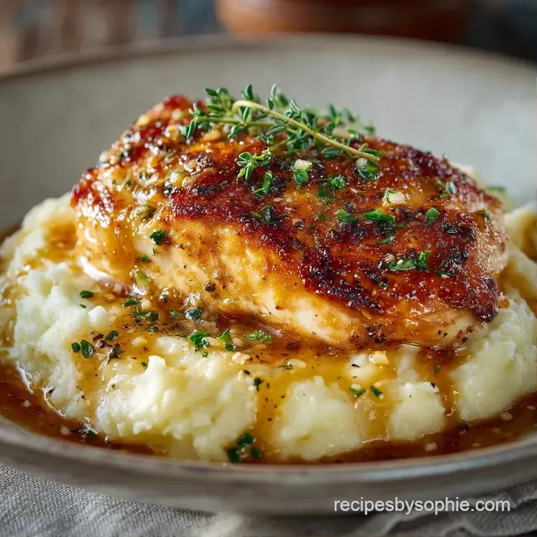 Elegant white bowl filled with smooth mashed potatoes, topped with seared chicken and a sprig of fresh thyme.