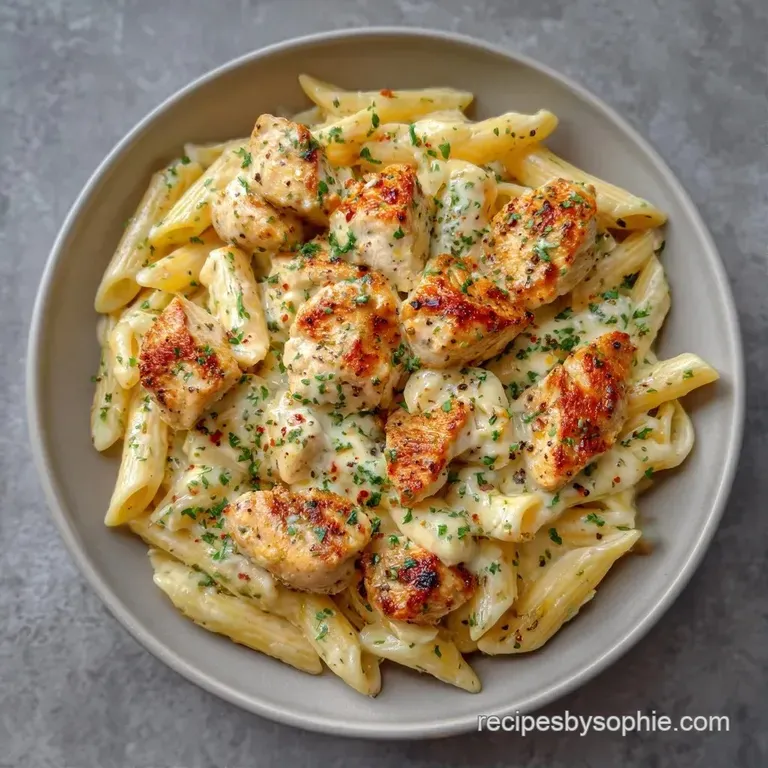 Penne pasta coated in a glossy white sauce, served in a white bowl with a sprinkle of parmesan and fresh herbs.