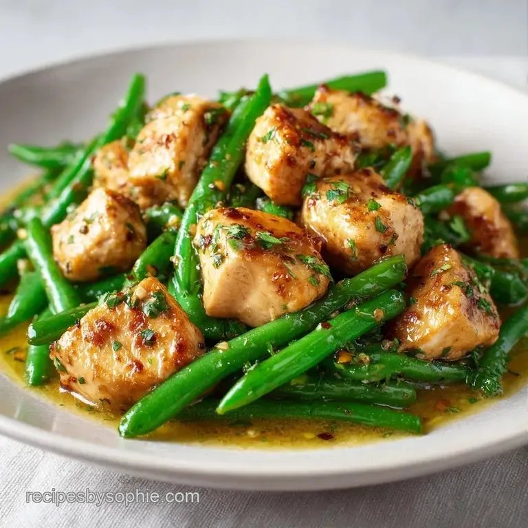 Seared chicken breasts nestled beside crisp green beans, garnished with sliced garlic and fresh parsley on a plate.