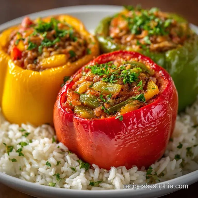 Three vibrant red bell peppers filled with savory meat and rice, garnished with herbs on a matte black plate.