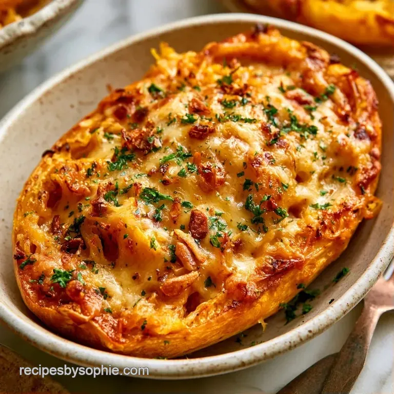 Slices of roasted orange squash arranged elegantly with a sprinkle of melted parmesan and fresh herbs on a platter.
