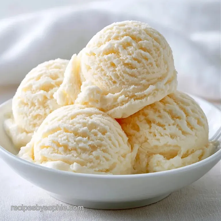 Elegant scoops of ivory frozen dessert in a chilled coupe glass garnished with a fresh mint leaf and a wafer.