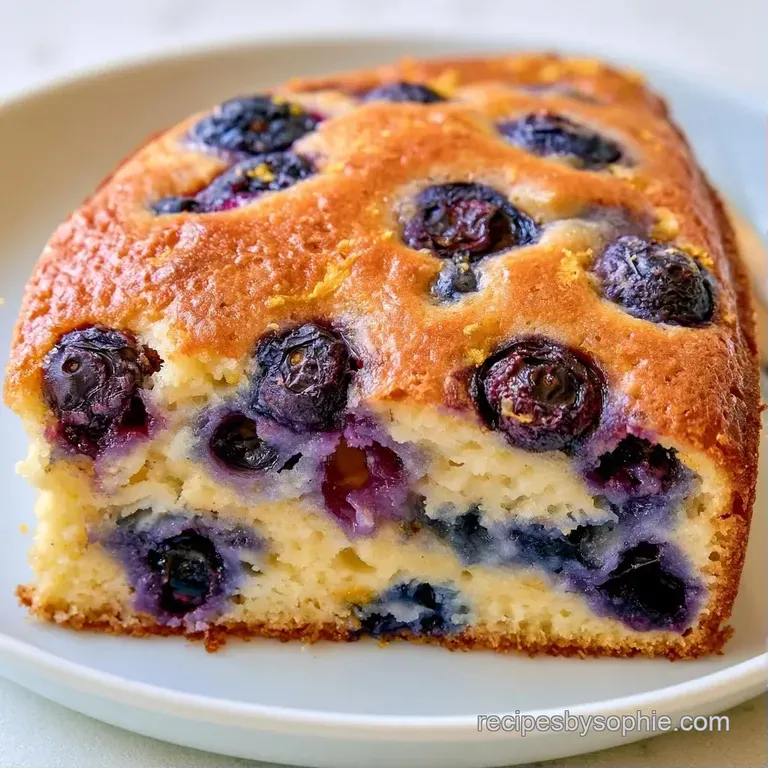 Sliced moist cake with purple berries on a white plate, finished with a glossy honey glaze and a sprig of mint.