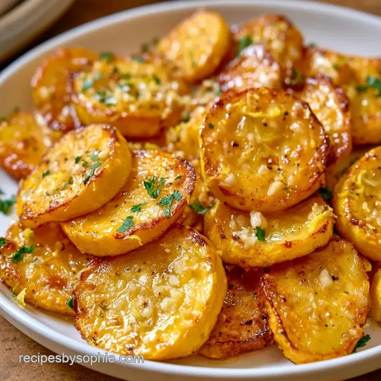 Tender yellow squash slices glazed in oil, garnished with minced garlic and chopped parsley on a ceramic platter.