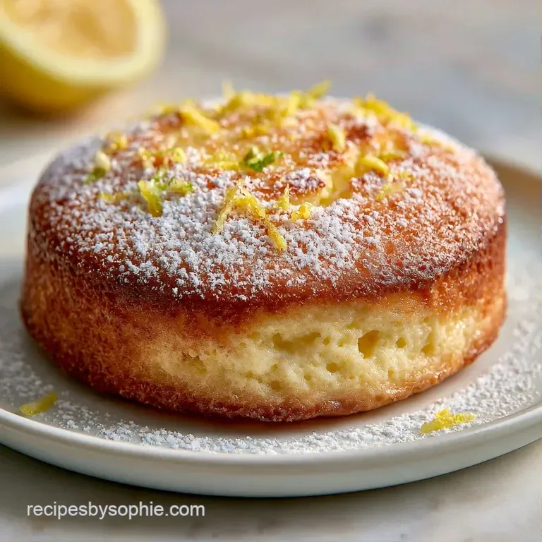 A slice of moist, pale yellow cake on a white ceramic plate, paired with a dollop of cream and a fresh mint leaf.