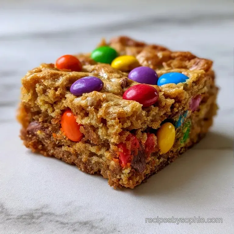 A stack of chewy, golden dessert bars on a white ceramic plate, dusted with sugar and colorful candy pieces.