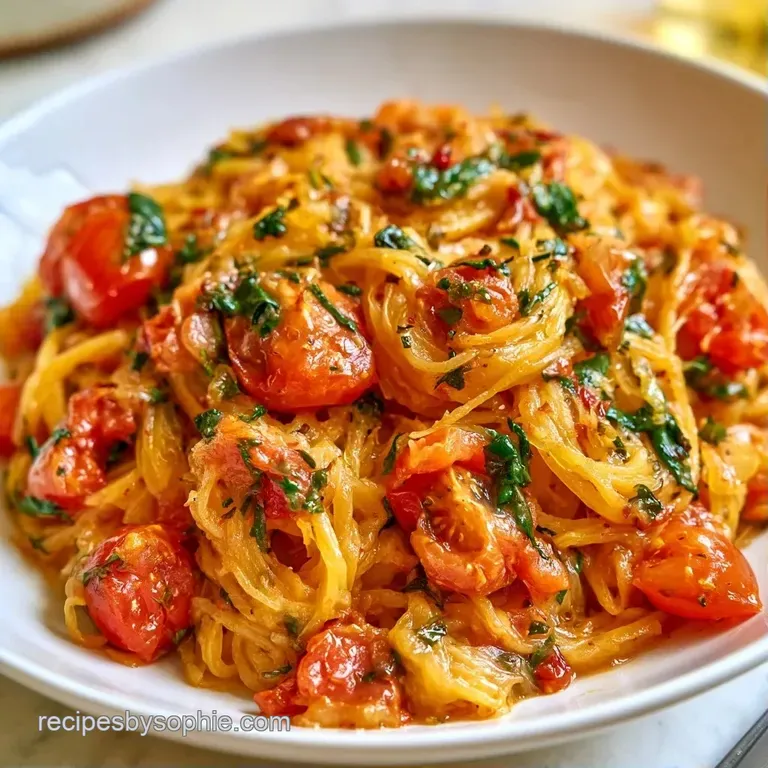 Golden squash strands nestled next to blistered red tomatoes on a white ceramic platter with fresh green herbs.