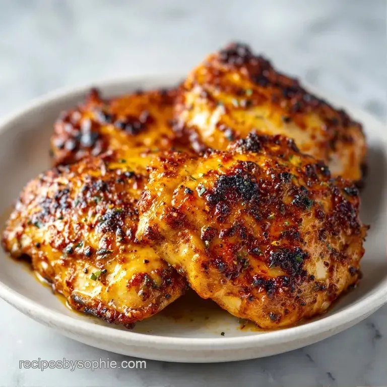 Juicy chicken thighs on a white plate with a drizzle of garlic butter and a sprinkle of fresh chopped green parsley.