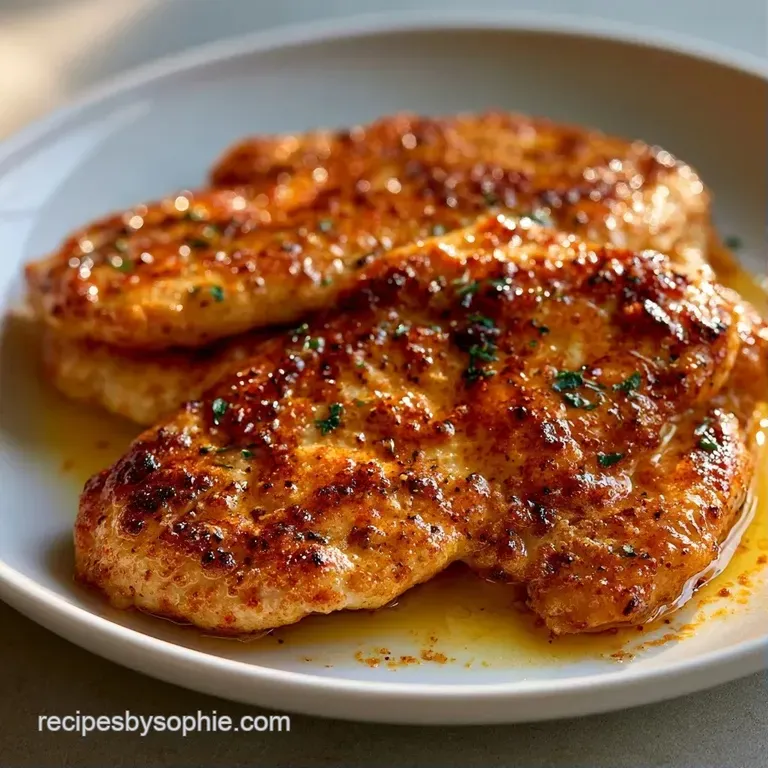 Saut&eacute;ed chicken breast chunks plated on white ceramic with a drizzle of garlic butter and a sprinkle of herbs.