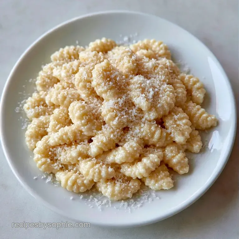 A white ceramic bowl filled with small ridged pasta, topped with shaved parmesan and a drizzle of golden olive oil.
