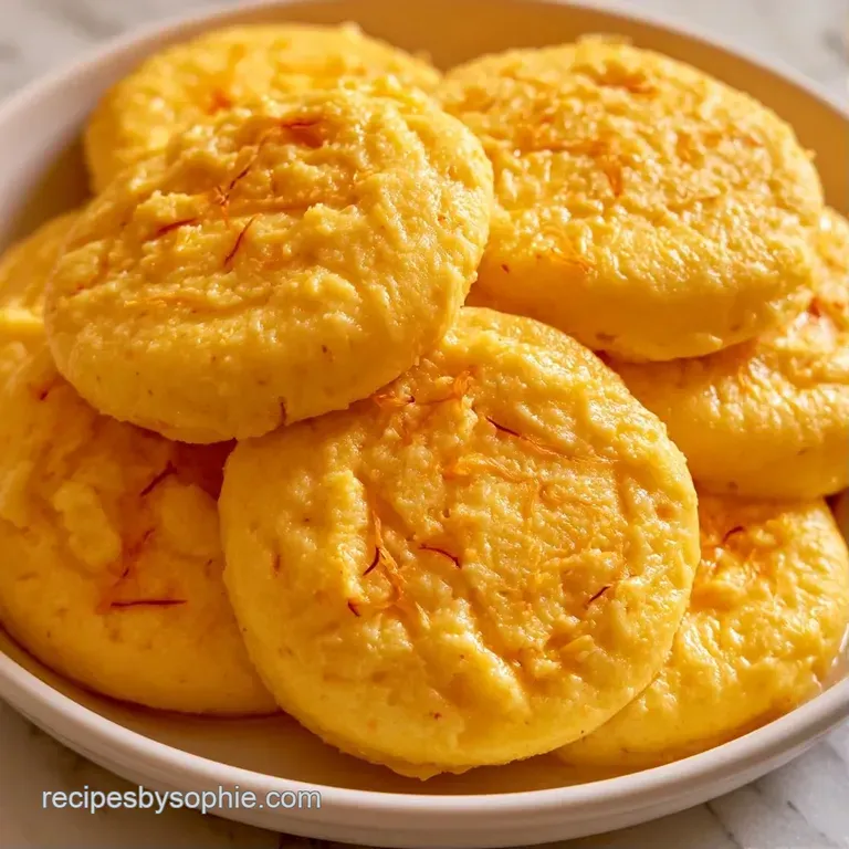 Elegant arrangement of small, ivory-colored sweet cakes on a ceramic plate with a dusting of golden saffron threads.