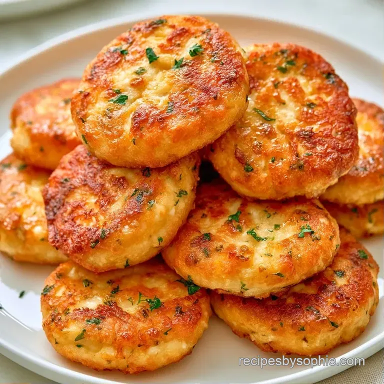 A neat stack of golden fried cakes on a white plate, topped with a dollop of cream and a sprig of fresh parsley.