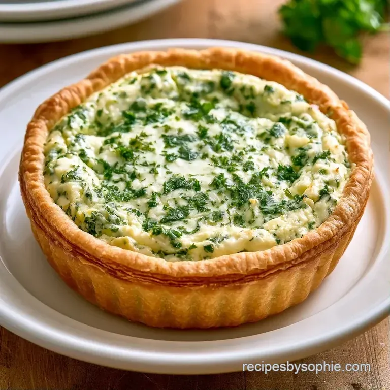 A slice of creamy white tart on a white ceramic plate next to a sprig of fresh thyme and a drizzle of olive oil