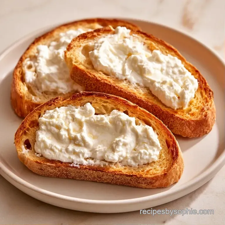 Two slices of crisp toasted sourdough with fluffy white ricotta, sliced radishes, and microgreens on a ceramic plate.