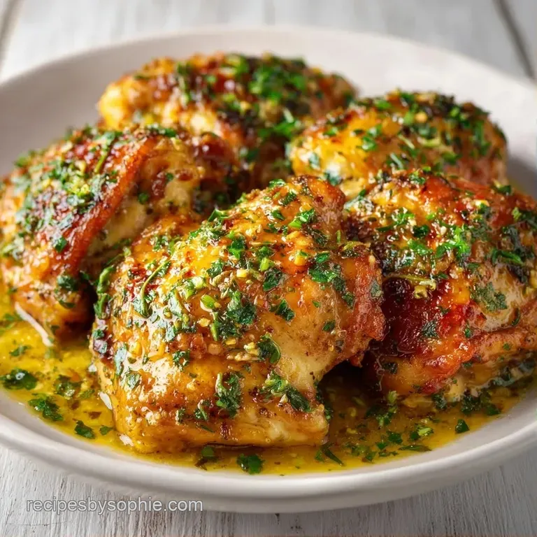 Sear-marked chicken thighs plated on white ceramic with a lemon wedge and a sprinkle of fresh green parsley