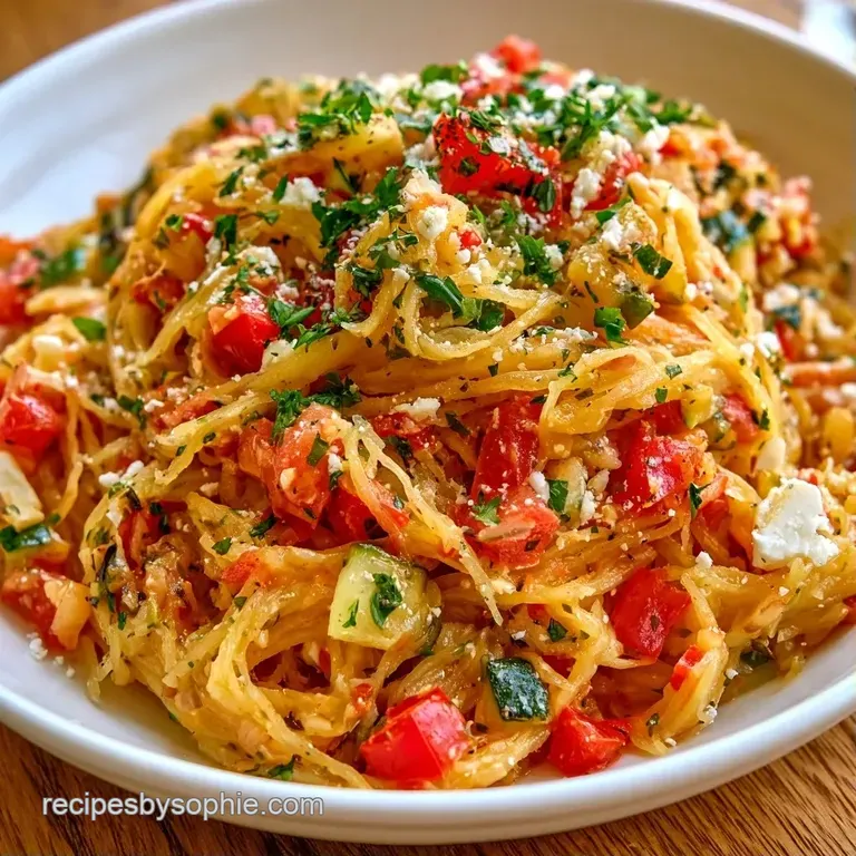 Elegant bowl of yellow squash strands tossed with red peppers, zucchini, olives, and crumbled white feta cheese.