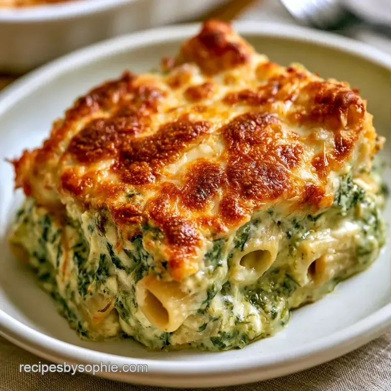 Elegant serving of creamy pasta topped with bubbling golden cheese and fresh herbs on a minimalist white plate.