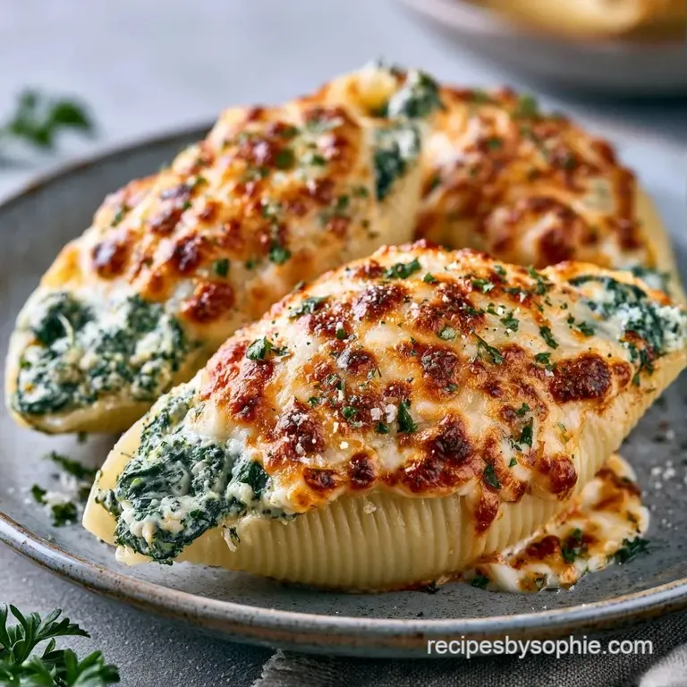 Three stuffed pasta shells on a white plate, garnished with a fresh basil sprig and a drizzle of golden olive oil.