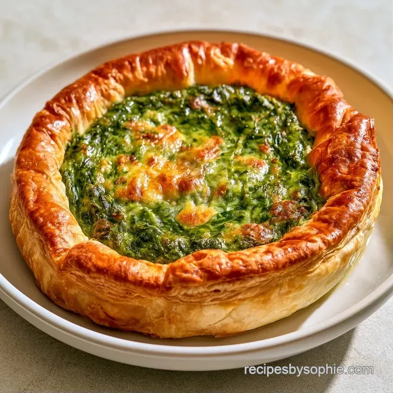 Elegant slice of savory pastry on a white ceramic plate, garnished with fresh microgreens and golden olive oil.