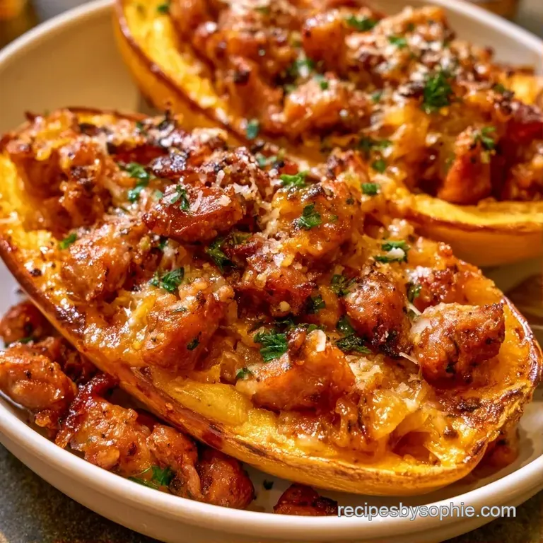 Golden roasted squash vessel brimming with seasoned sausage and melted cheese on a clean white minimalist plate.