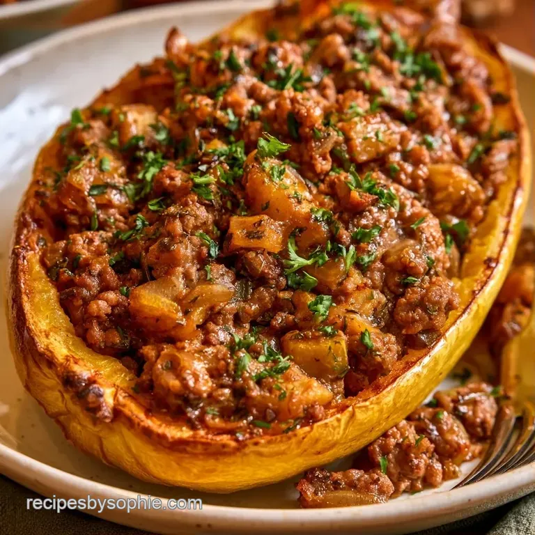 Roasted yellow squash boat filled with savory melted cheese and herbs, served on a white ceramic platter